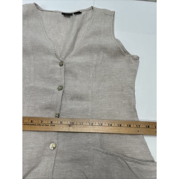 Tahari Linen Tank Dress 10 Maxi Beige V-neck Front Pockets Minimalistic Boho M - Picture 6 of 9